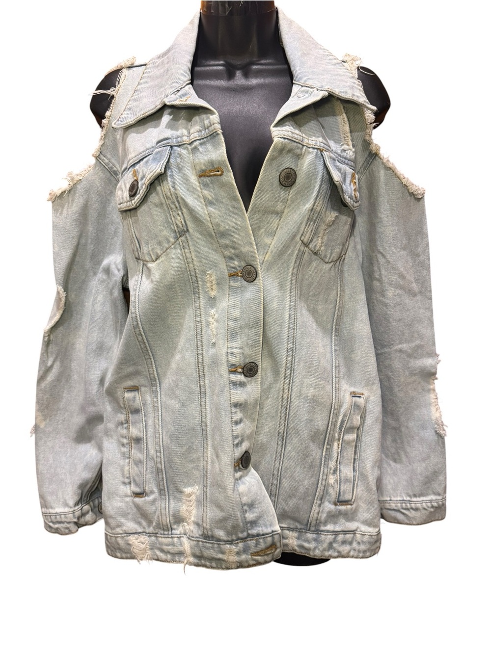 Women's Light Blue Distressed Cold-Shoulder Denim Jacket